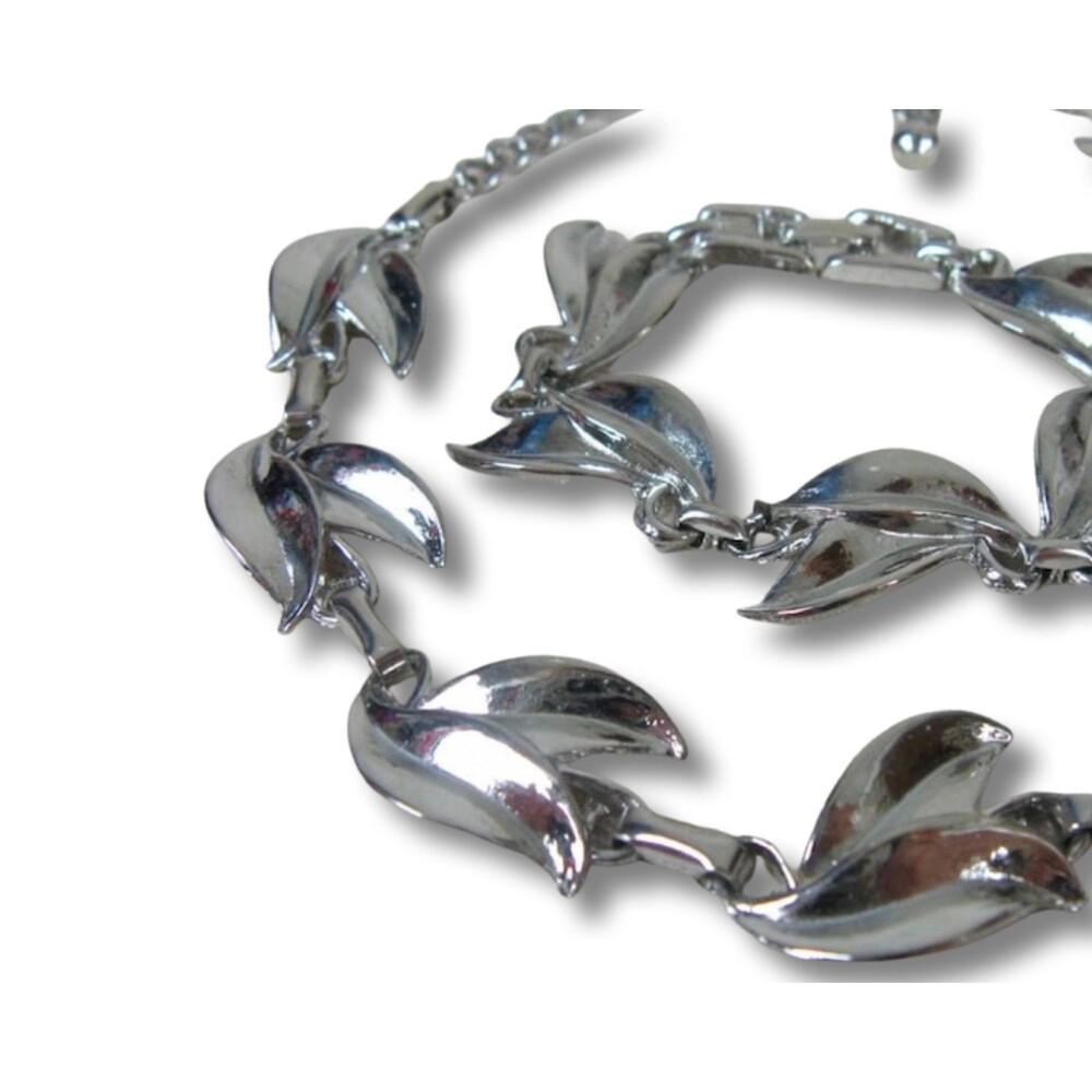 Vintage 1960s Necklace & Bracelet Silver Metal Leaf Motif Demi Parure Jewelry